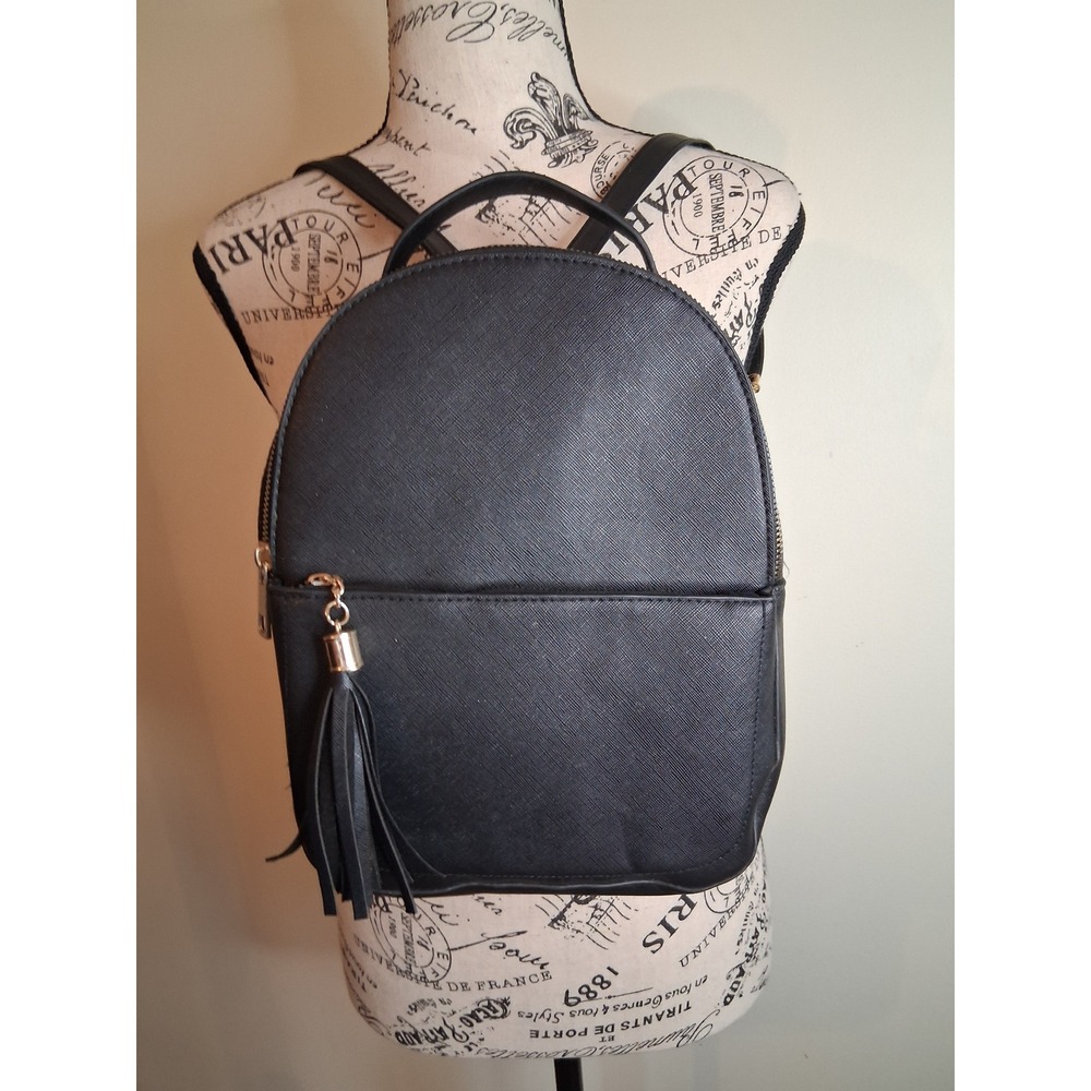 Ardene Black Faux Leather Mini Backpack Saffiano Texture Gold Hardware Tassel